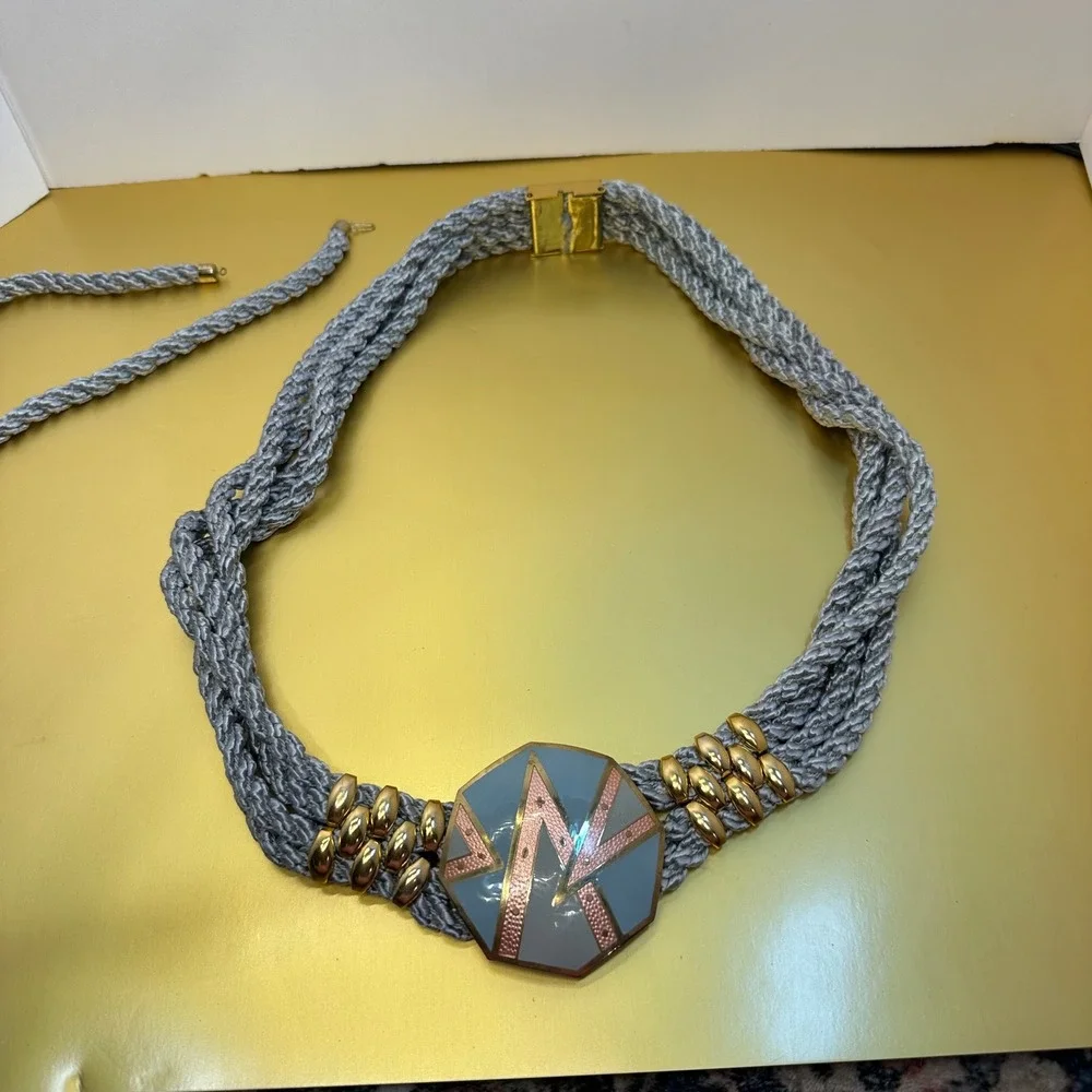 Vintage Art Deco Enamel Geometric Braided Rope Belt and‎ Necklace Set Grey Gold
